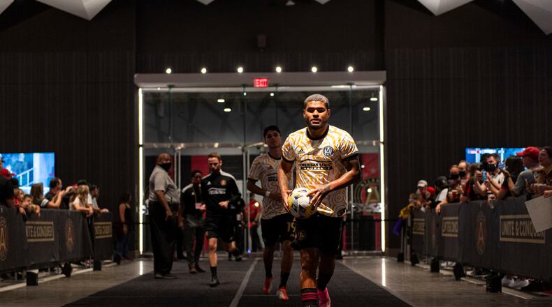 Atlanta United forward Josef Martinez (7) walks out onto the pitch for warmups before the match against Inter Miami Wednesday, Sept. 29, 2021, at Mercedes-Benz Stadium. (Jacob Gonzalez/Atlanta United)