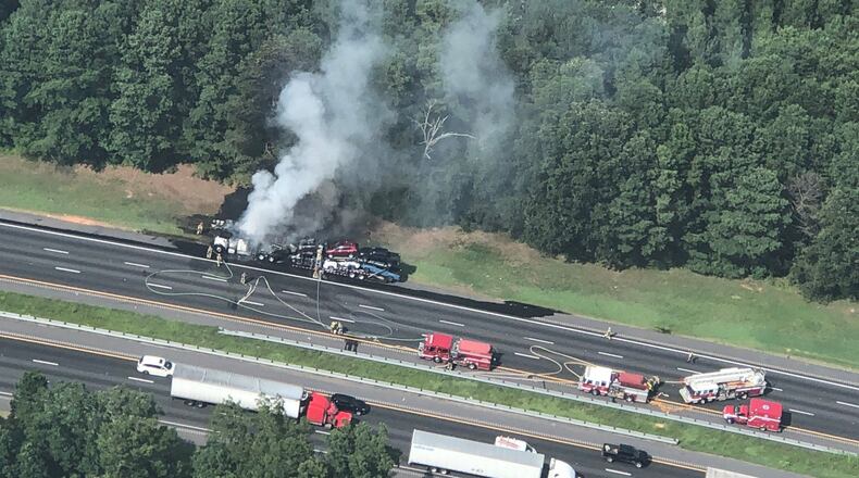 A car hauler burst into flames, affecting Henry County traffic Monday afternoon.