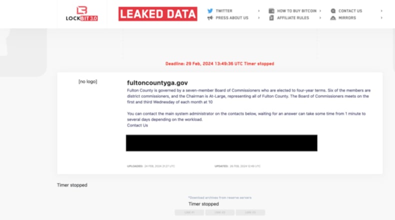 A page on the dark web shows the LockBit ransomware timer, which was set to expire at 8:50 a.m. Feb. 29, 2024, stopped after the deadline. No documents were immediately released. The timer, which threatened to release stolen Fulton County documents including residents' personal data, was reset and then stopped following an international law enforcement operation against the ransomware group.