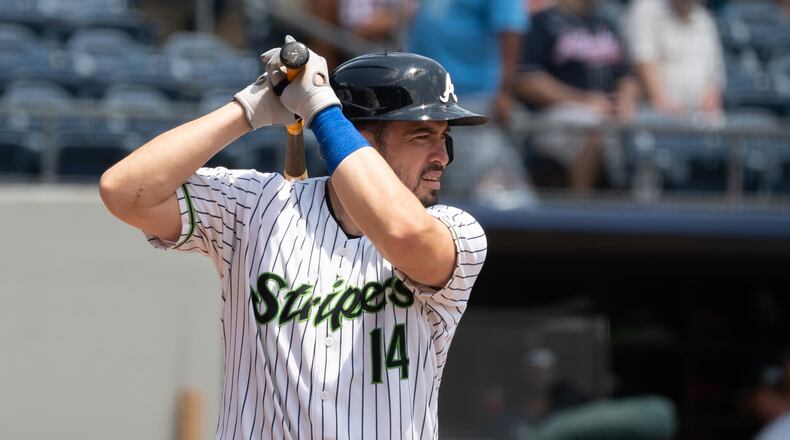 Catcher Travis d'Arnaud steps to plate in the seventh inning of Game 1 of a doubleheader between the Gwinnett Stripers and Charlotte Knights Sunday, Aug. 8, 2021, in Lawrenceville. D'Arnaud's grounder brought in the winning run. (Jamie Spaar/Gwinnett Stripers)
