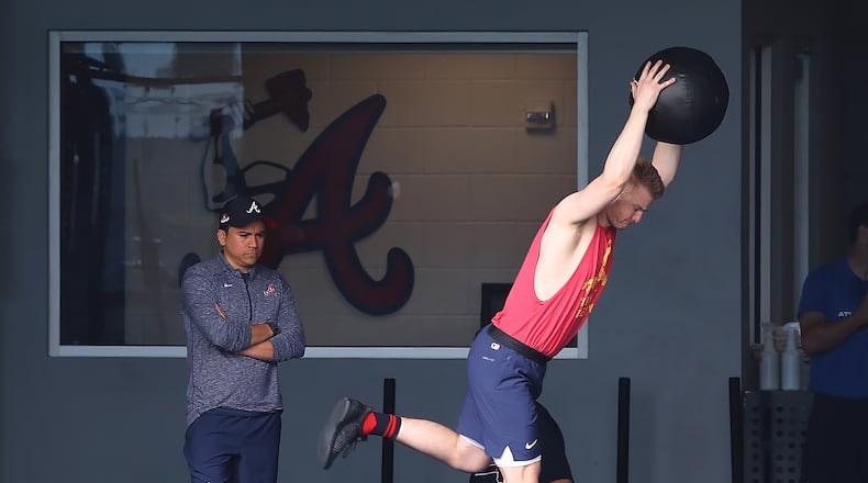 Braves injured pitcher Mike Soroka, recovering from a Achilles tendon tear,, works on strength and condition in the team's training facility during Spring Training on Wednesday, March 16, 2022, in North Port.    “Curtis Compton / Curtis.Compton@ajc.com”