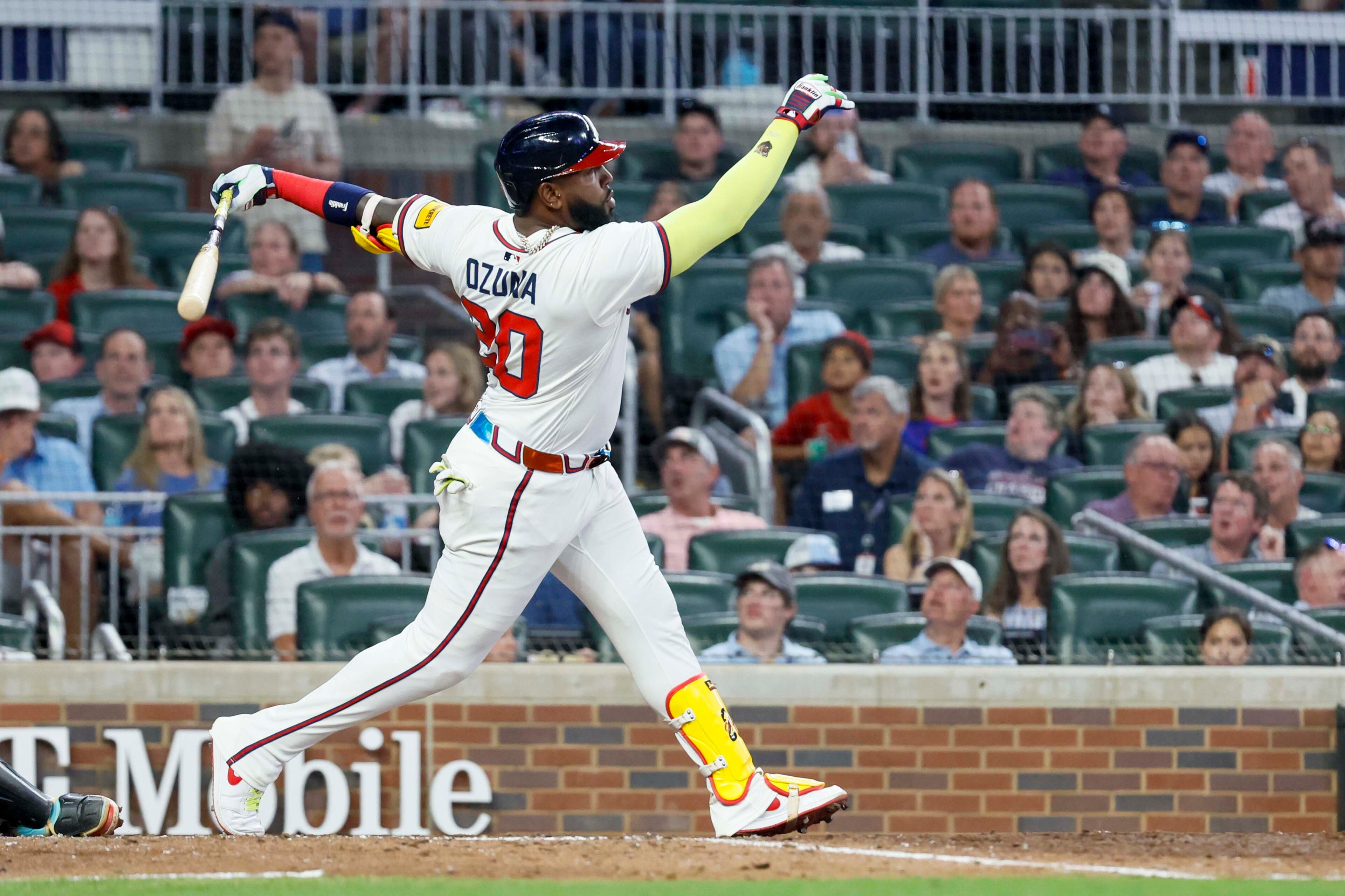 Atlanta Braves designated hitter Marcell Ozuna (20) looks at his pop-up fly during the eighth inning against the Arizona Diamondbacks at Truist Park on Tuesday, June 3, 2025, in Atlanta.
(Miguel Martinez/ AJC)