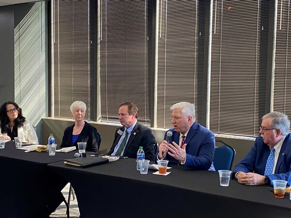 A recent panel discussion on Medicaid expansion alternatives at the Georgia Capitol featured (left to right): Natalie Crawford, executive director of Georgia First; Cindy Gillespie, former director of the Arkansas Department of Human Services; state Sen. Chuck Hufstetler, R-Rome; Paul Hull, vice president of regional advocacy for the American Cancer Society Cancer Action Network; and North Carolina State Rep. Donny Lambeth. (Ariel Hart/AJC)