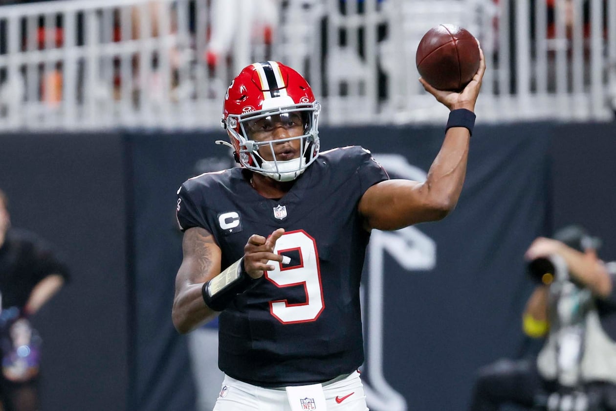 Falcons quarterback Michael Penix Jr. attempts a pass against the Buffalo Bills on Monday, Oct. 13, 2025, at Mercedes-Benz Stadium in Atlanta. (Miguel Martinez/AJC)