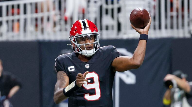 Atlanta Falcons quarterback Michael Penix Jr. was a limited participant in practice on Thursday, but wide receiver KhaDarel Hodge and safety Jordan Fuller were among full participants. (Miguel Martinez/AJC)
