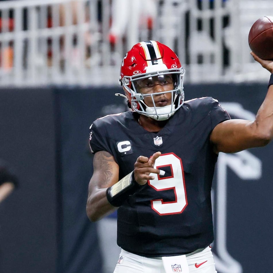 Falcons quarterback Michael Penix Jr. attempts a pass against the Buffalo Bills on Monday, Oct. 13, 2025, at Mercedes-Benz Stadium in Atlanta. (Miguel Martinez/AJC)