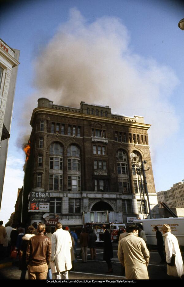 The Loew's Grand Theatre on fire, January 1978.