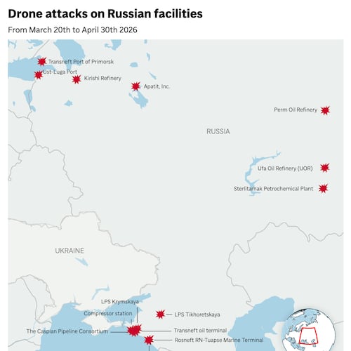 Map showing locations of drone related strikes on Russian facilities from March 20th to April 30th. (AP Digital Embed)
