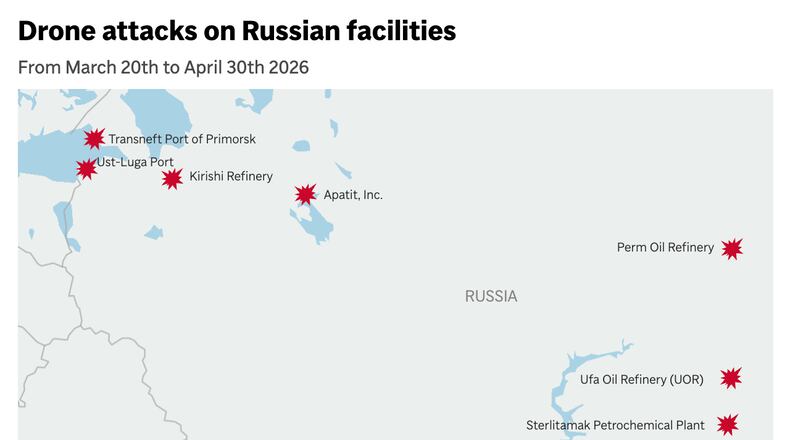 Map showing locations of drone related strikes on Russian facilities from March 20th to April 30th. (AP Digital Embed)