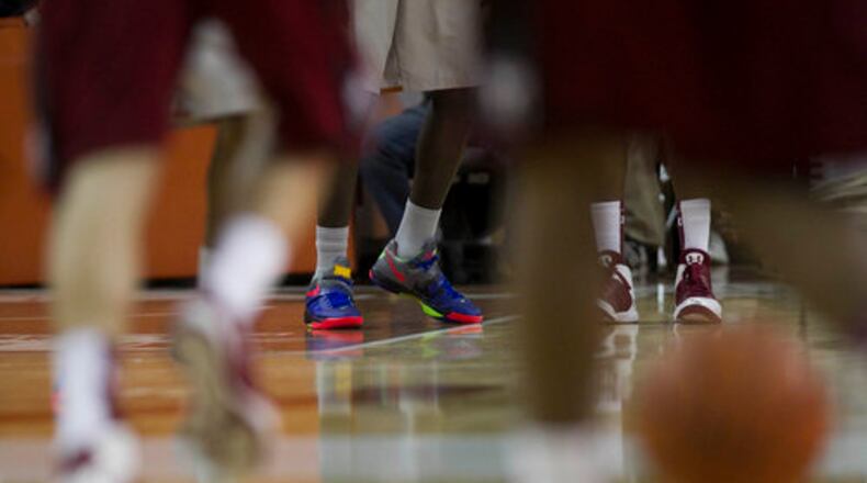 Texas players wore new Nike shoes during an NCAA basketball game at the Frank Erwin Center in Austin, Texas on Saturday, December 17, 2011. Texas defeated Temple 77-65.