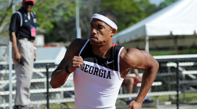 Garrett Scantling during the Spec Towns National Team Invitational track meet at the Spec Towns Track Field  on Thursday April 10, 2014 in Athens, Ga.  (Photo by John Kelley)