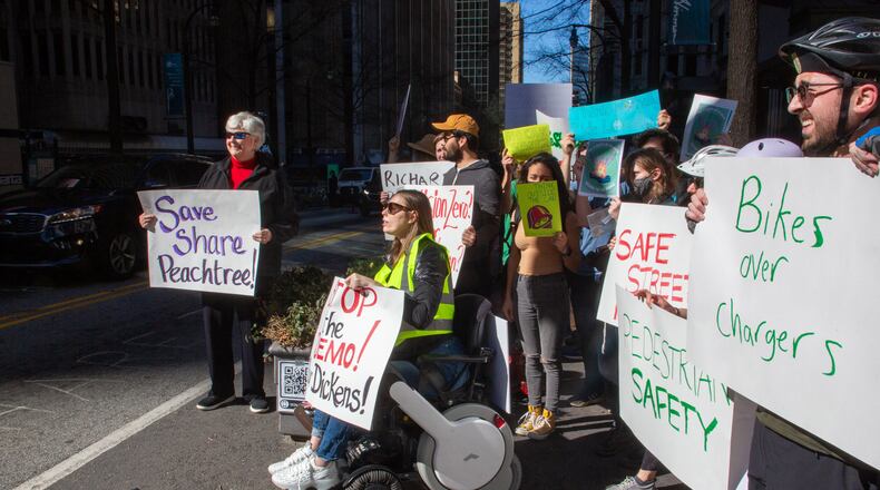 Advocates protest the removal of 'shared streets' along Peachtree St NE in Atlanta Monday, March 14, 2022. STEVE SCHAEFER FOR THE ATLANTA JOURNAL-CONSTITUTION
