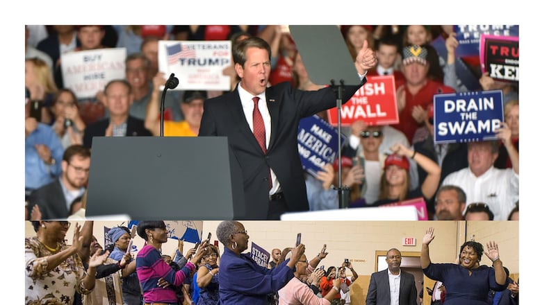 (top) GOP gubernatorial candidate Brian Kemp takes on the stage before President Donald J. Trump arrives during the Make America Great Again Rally in Macon on Sunday, November 4, 2018. HYOSUB SHIN / HSHIN@AJC.COM (bottom) Georgia gubernatorial candidate Stacey Abrams (right) is welcomed with cheers from supporters at a rally held at the Henry Brigham Community Center in Augusta, on Sunday, November 4, 2018. (ALYSSA POINTER/ALYSSA.POINTER@AJC.COM)