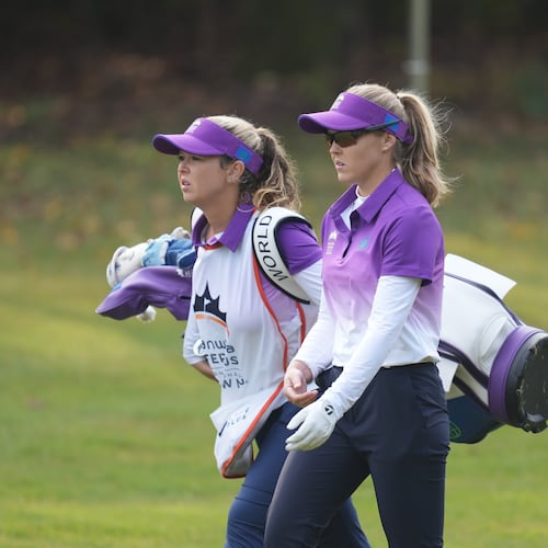 Brooke Henderson of World Team Brooke Henderson, right, of World Team walks with her caddie and sister Brittany Henderson on the first hole during the pool B match against Sweden team for the LPGA International Crown golf tournament at the New Korea Country Club in Goyang, South Korea, Saturday, Oct. 25, 2025. (AP Photo/Lee Jin-man)