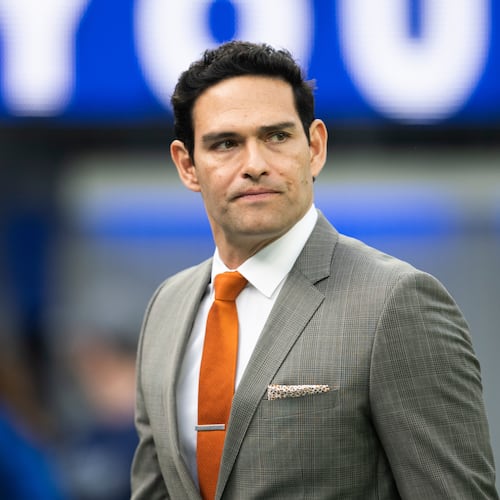 FILE - Mark Sanchez walks on the field before an NFL football game between the Los Angeles Rams and the Jacksonville Jaguars Sunday, Dec. 5, 2021, in Inglewood, Calif. (AP Photo/Kyusung Gong, File)