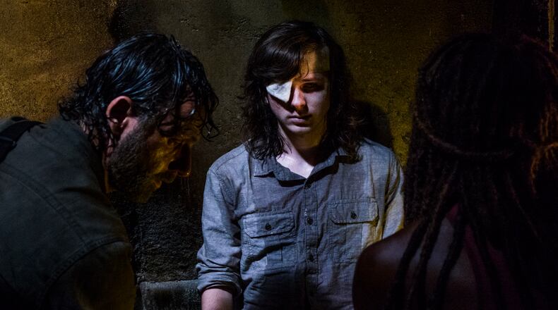 Andrew Lincoln as Rick Grimes, Chandler Riggs as Carl Grimes, Danai Gurira as Michonne - The Walking Dead _ Season 8, Episode 8 - Photo Credit: Gene Page/AMC