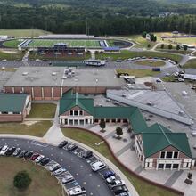 An aerial photo shows Apalachee High School on Thursday, September 19, 2024, in Winder, two weeks after a shooting that killed two teachers and two students. (Hyosub Shin / AJC)