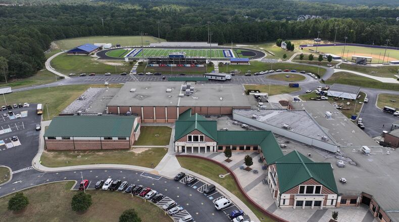 An aerial photo shows Apalachee High School on Thursday, September 19, 2024, in Winder, two weeks after a shooting that killed two teachers and two students. (Hyosub Shin / AJC)