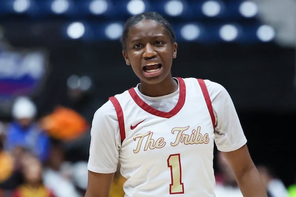 Creekside guard C’India Dennis (1) reacts after a shot attempt during the second half against Jackson Atlanta in the GHSA Girls 4A State Championship at the Macon Centreplex, Thursday, March, 6, 2025, in Macon, Ga. Creekside won 57-47. (Jason Getz / AJC)