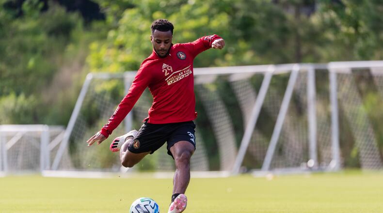 Atlanta United midfielder Mo Adams kicks the ball during voluntary small group training at Children's Healthcare of Atlanta Training Ground in Marietta, Ga., on Friday June 5, 2020. (Photo by Mikey Alfano/Atlanta United)