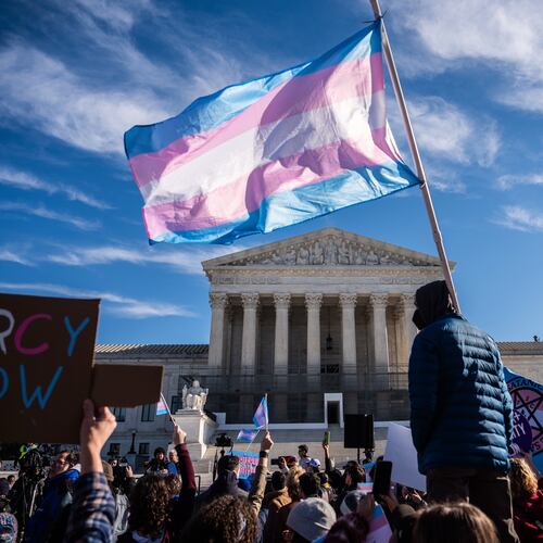 Protesters wave transgender pride flags outside the Supreme Court as it hears arguments over state laws barring transgender girls and women from playing on school athletic teams, Tuesday, Jan. 13, 2026, in Washington. (AP Photo/Julia Demaree Nikhinson)