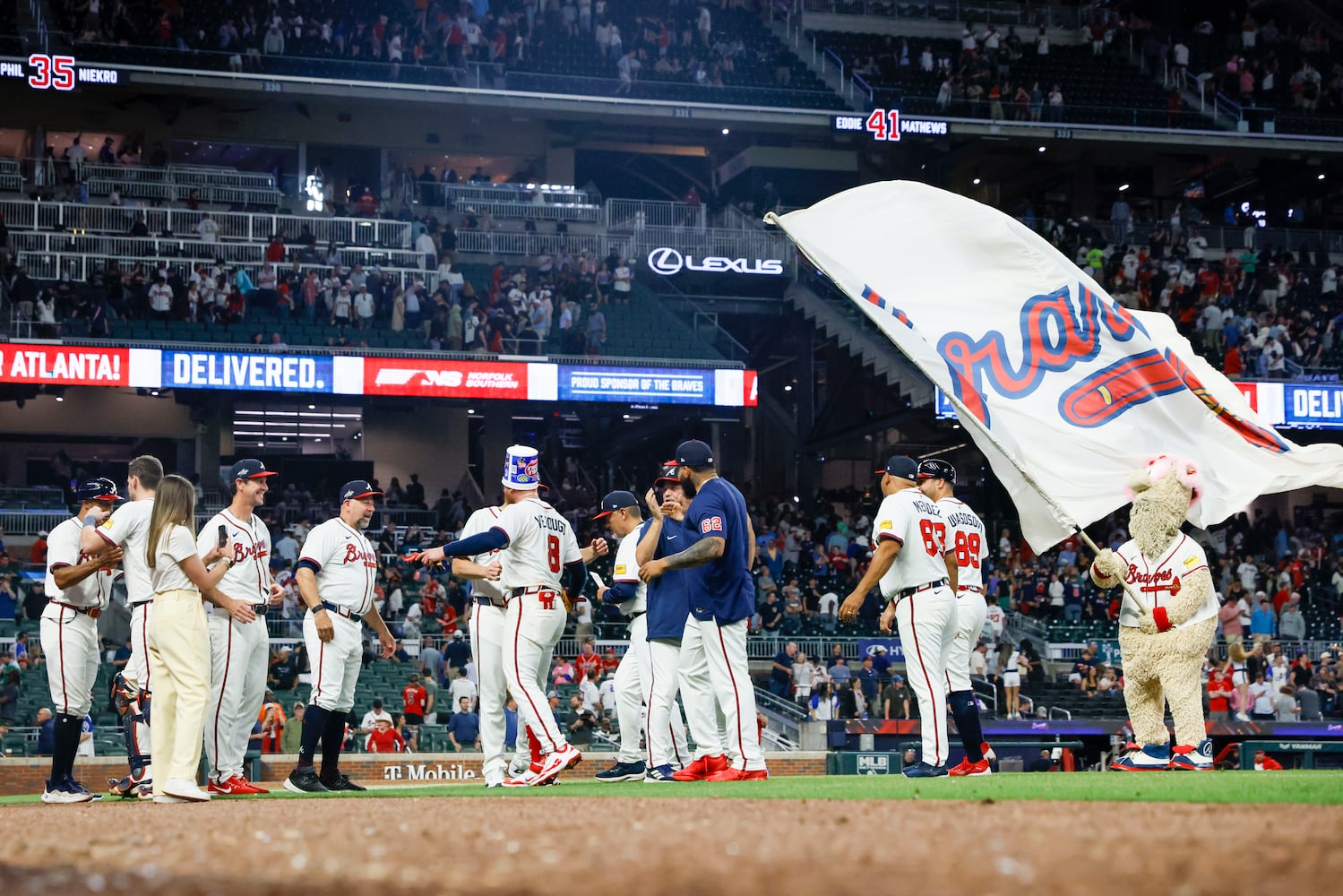 Atlanta Braves players celebrate after beating the Washington Nationals 4-3 with a walk-off single from Atlanta Braves outfielder Alex Verdugo (8)  at Truist Park on Monday, May 12, 2025, in Atlanta.
(Miguel Martinez/ AJC)