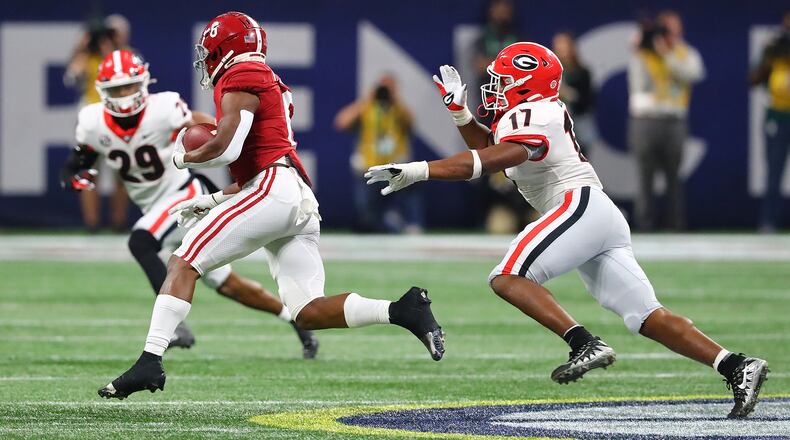 Nakobe Dean and the rest of the Georgia defense spent a lot time chasing against Alabama in the SEC Championship Game. Against Michigan, they hope to do more catching. “Curtis Compton / Curtis.Compton@ajc.com”`