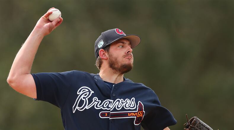 Braves pitcher Aaron Blair, pictured during a recent spring-training workout, left Saturday’s split-squad game against the Phillies after being struck in the left hand on a comebacker to the mound by the first batter he faced in the first inning. He was diagnosed with a contusion and listed as day-to-day. (Curtis Compton/ccompton@ajc.com)