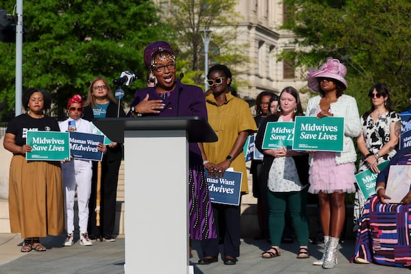 Midwife Jamarah Amani speaks during a press conference to announce that Georgia midwives filed a lawsuit amid maternal health concerns during the final day of the legislative session at Liberty Plaza, Thursday, April 2, 2026, in Atlanta. (Jason Getz/AJC) 