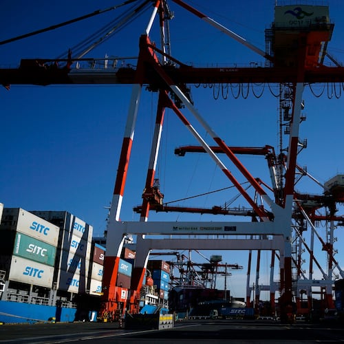 Tokyo container terminal is pictured in Tokyo on Feb. 19, 2025. (AP Photo/Eugene Hoshiko)