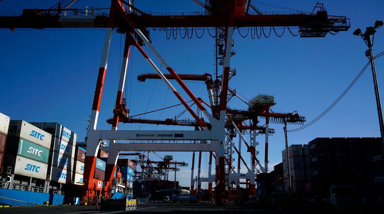 Tokyo container terminal is pictured in Tokyo on Feb. 19, 2025. (AP Photo/Eugene Hoshiko)