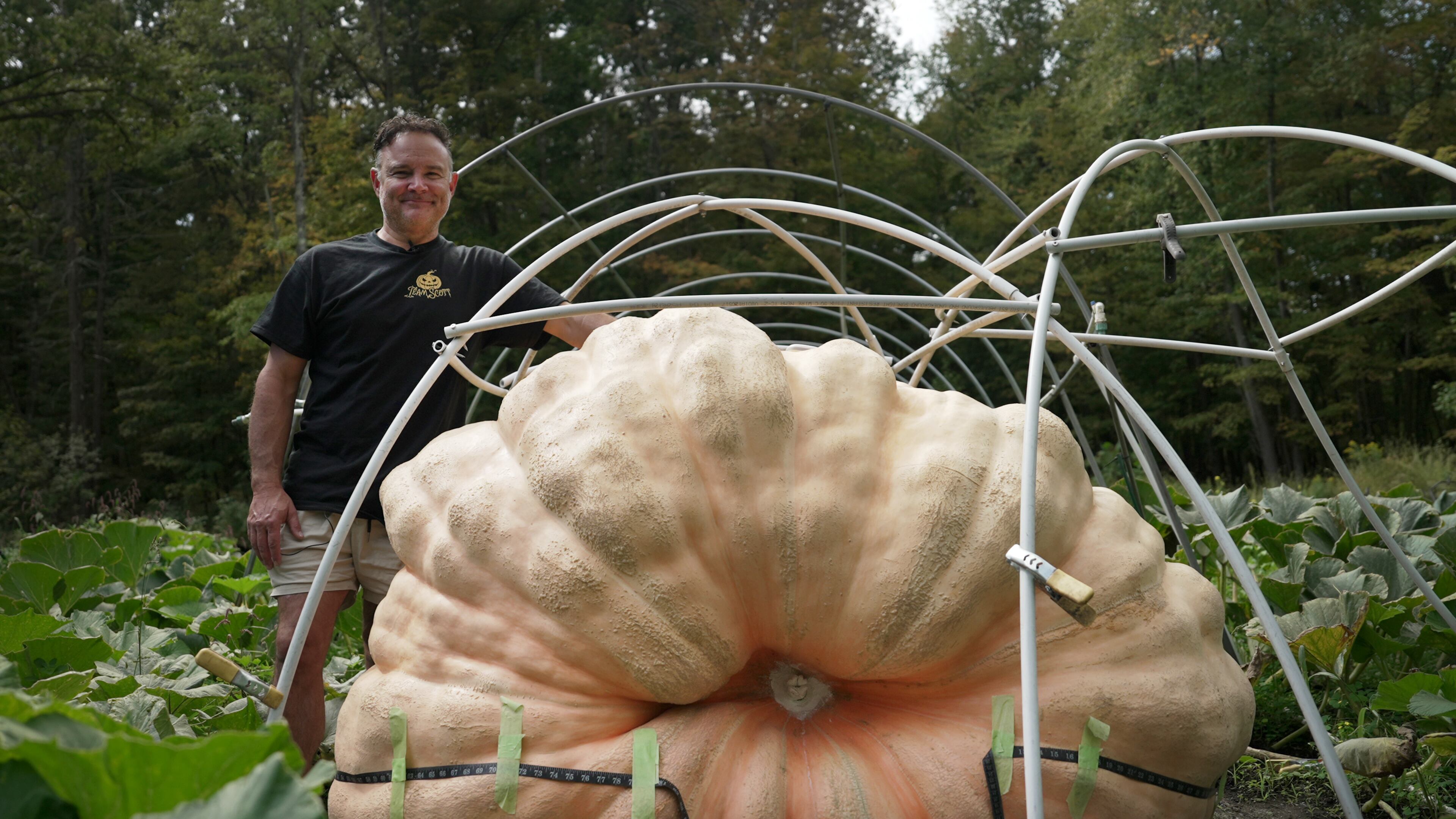 Tony Scott stands with the pumpkin he grew in his Wappingers Falls, N.Y., backyard on Sept. 17, 2025. (AP Photo/Shelby Lum)