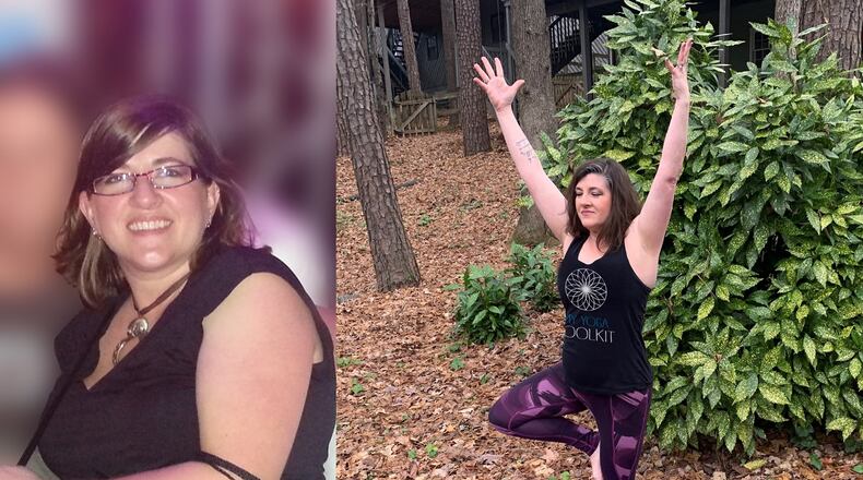 The photo of Anessia Foley on the left was taken in September 2012. In June 2013, she set a weight-loss goal and then reached it in March 2014. Since then, Foley has embraced yoga and has become certified to teach it. The photo on the right was taken this month. (Photos contributed by Anessia Foley)