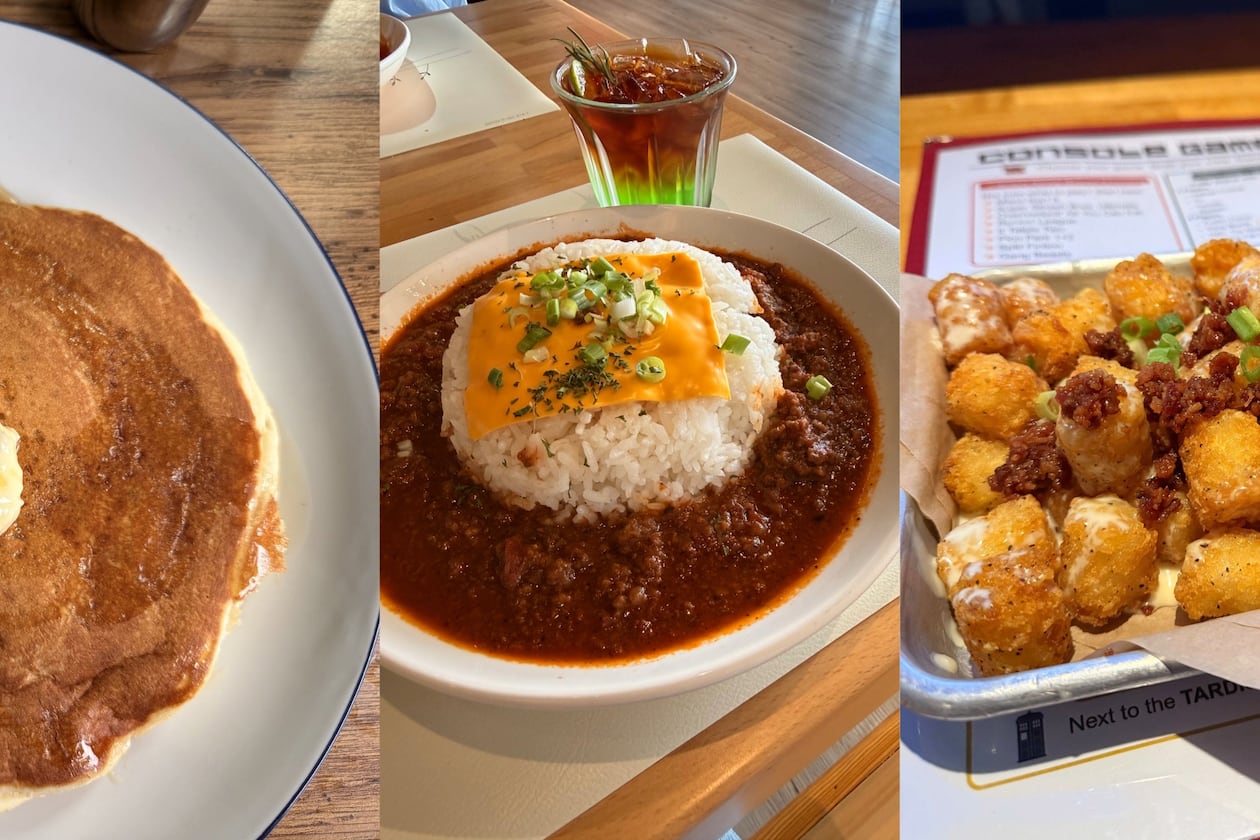A triptych of three vertical photos, from left: an overhead view of a pancake on a plate with a pat of butter in the center; a bowl of braised beef with rice topped with a slice of american cheese and herbs flanked by a layered matcha drink; and a platter of loaded tater tots on a restaurant table.