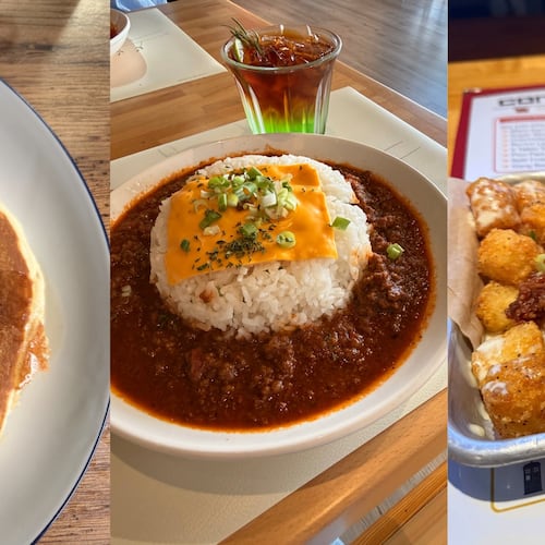 A triptych of three vertical photos, from left: an overhead view of a pancake on a plate with a pat of butter in the center; a bowl of braised beef with rice topped with a slice of american cheese and herbs flanked by a layered matcha drink; and a platter of loaded tater tots on a restaurant table.