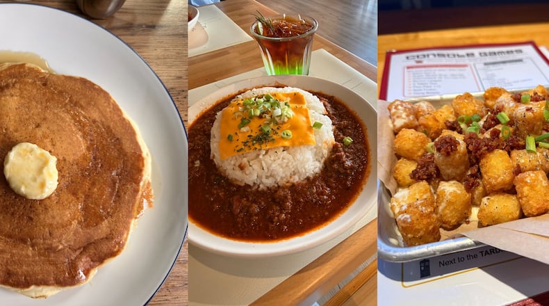 A triptych of three vertical photos, from left: an overhead view of a pancake on a plate with a pat of butter in the center; a bowl of braised beef with rice topped with a slice of american cheese and herbs flanked by a layered matcha drink; and a platter of loaded tater tots on a restaurant table.