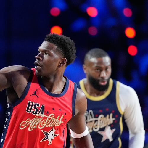 USA Stars guard Anthony Edwards reacts after scoring during the NBA All-Star basketball game against USA Stripes Sunday, Feb. 15, 2026, in Inglewood, Calif. (AP Photo/Mark J. Terrill)