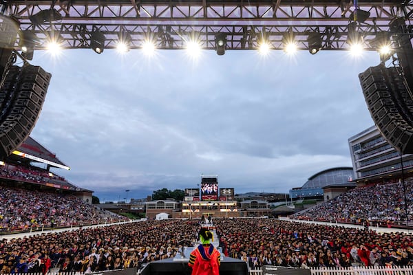 Kermit the Frog speaks during University of Maryland's commencement ceremony on Thursday, May 22, 2025, in College Park, Md. (John T. Consoli/University of Maryland via AP)