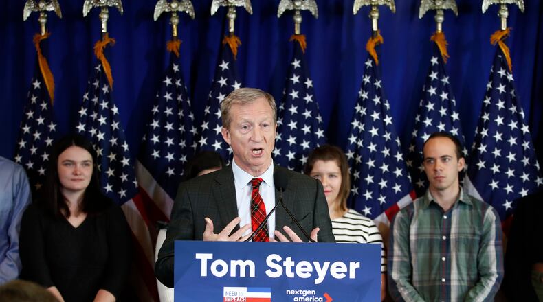 Billionaire activist Tom Steyer, shown in a photo from earlier this year, came to Atlanta on Monday to push for the impeachment of President Donald Trump. Steyer is spending $20 million on the effort, and he says his group, Need to Impeach, has collected nearly 5.2 million email addresses. He drew a crowd of nearly 150 to an event near the Capitol, and he also spoke with about 50 students at the Atlanta University Center. (AP Photo/Carolyn Kaster)