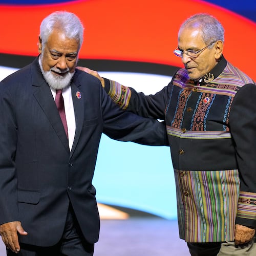 East Timor President Jose Ramos-Horta, right, and East Timor Prime Minister Kay Rala Xanana Gusmao pose for a photo during the signing ceremony of the Declaration on the Admission of East Timor into ASEAN at the 47th ASEAN summit, in Kuala Lumpur, Malaysia, Sunday, Oct. 26, 2025. (AP Photo/Vincent Thian)