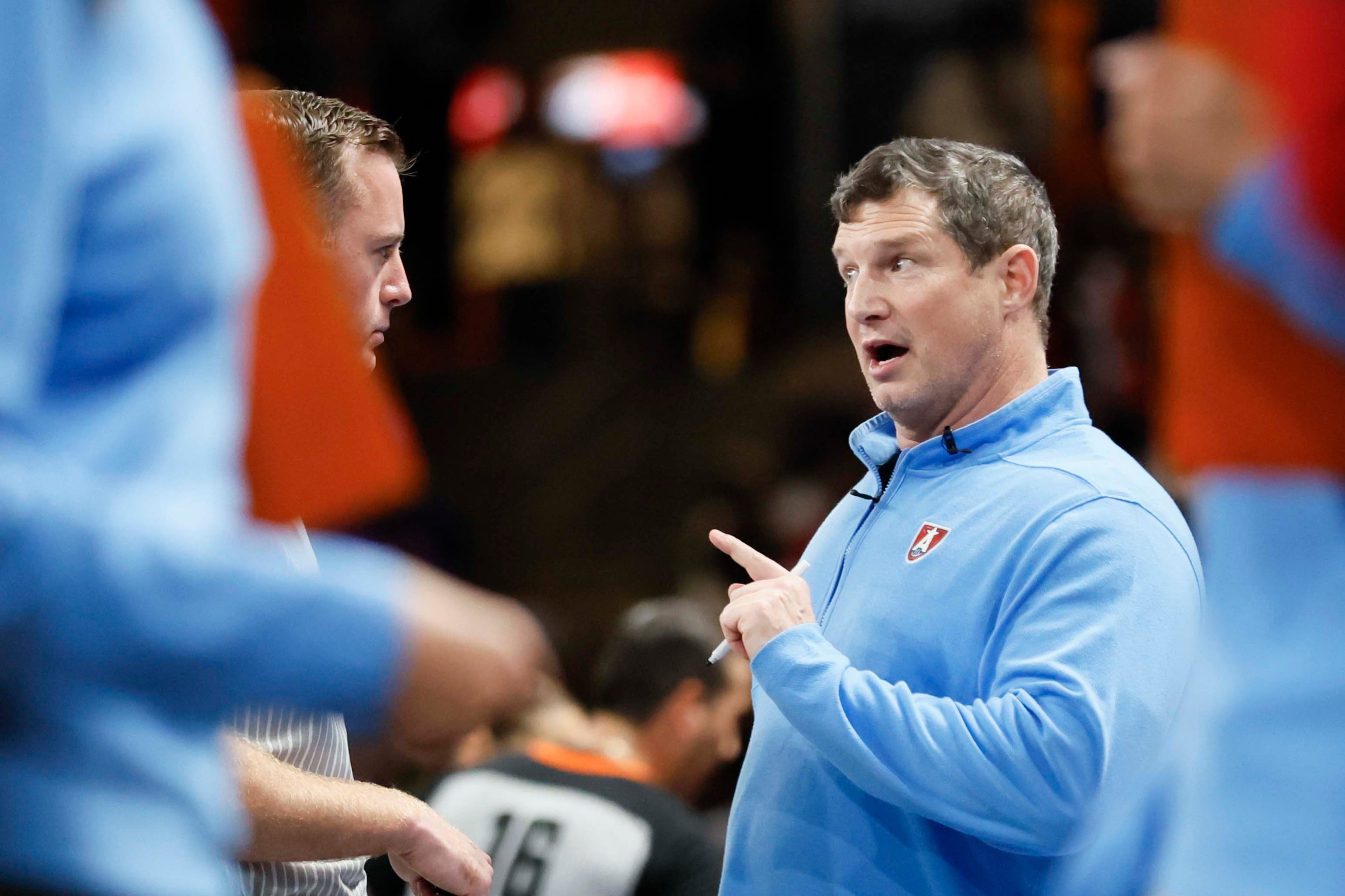 Atlanta Dream head coach Karl Smesko argues a call dsh
during the second half of a WNBA basketball first-round playoff game against the Indiana Fever at Gateway Center Arena on Thursday, Sept. 18, 2024, in Atlanta. The Atlanta Dream lost 87-85.
(Miguel Martinez/ AJC)