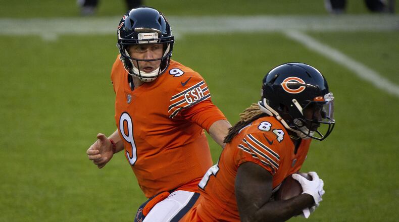 Chicago Bears quarterback Nick Foles hands off to Cordarrelle Patterson during the fourth quarter against the Indianapolis Colts on Sunday, Oct. 4, 2020, at Soldier Field in Chicago. (Erin Hooley/Chicago Tribune/TNS)