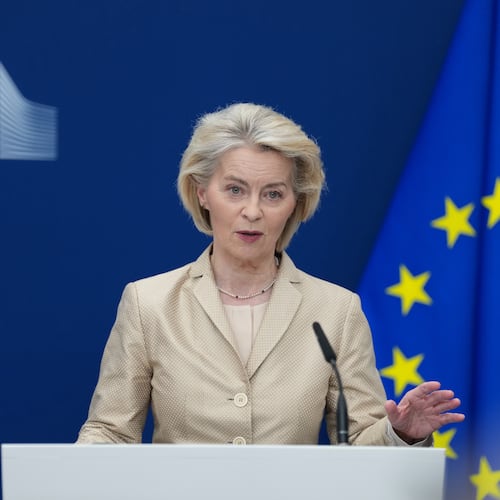 European Commission President Ursula von der Leyen delivers a statement during a media conference at EU headquarters in Brussels, Wednesday, March 18, 2026. (AP Photo/Virginia Mayo)