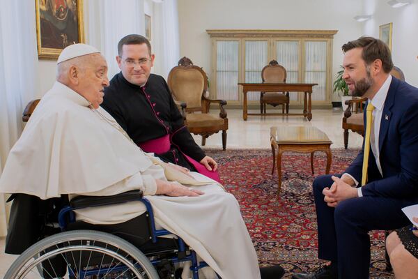 Pope Francis receives U.S. Vice President JD Vance, right, before bestowing the Urbi et Orbi (Latin for to the city and the world) blessing in St. Peter's Square at the Vatican Sunday, April 20, 2025. (Vatican Media via AP, HO)