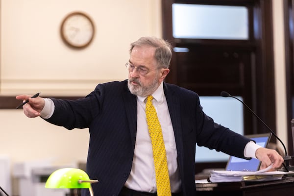 Morgan County property owner attorney John Christy speaks at a court hearing regarding the Rivian factory at the Morgan County Courthouse in Madison on Wednesday, Aug. 13, 2025. Christy said it would be a dangerous precedent if the state’s request for litigation costs is granted. (Arvin Temkar/AJC)