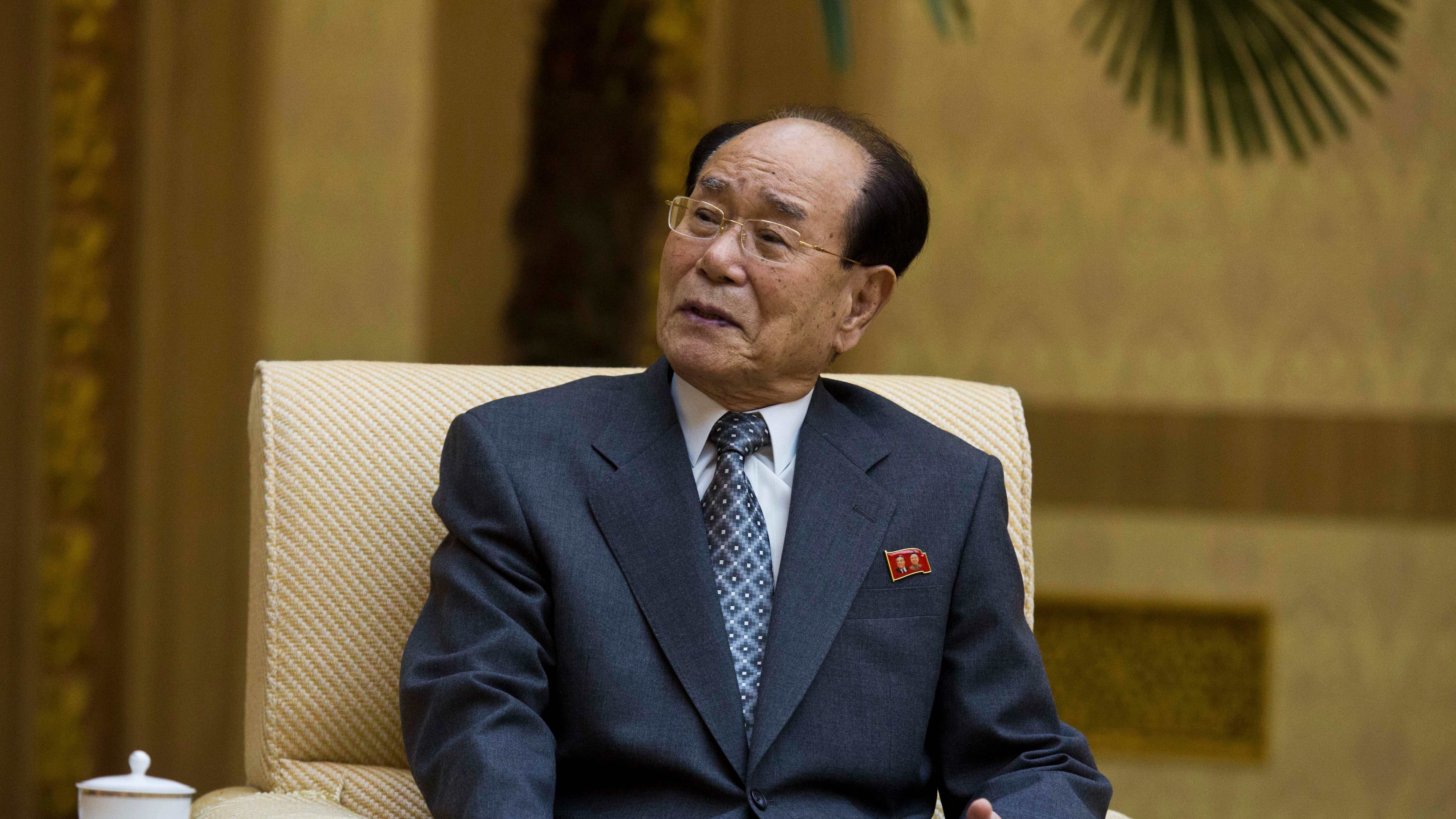 FILE - Kim Yong Nam, head of the Presidium of the Supreme People's Assembly of North Korea, speaks with the Associated Press at the Mansudae Assembly Hall in Pyongyang, North Korea, Oct. 4, 2013. (AP Photo/David Guttenfelder, File)