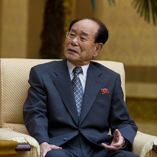 FILE - Kim Yong Nam, head of the Presidium of the Supreme People's Assembly of North Korea, speaks with the Associated Press at the Mansudae Assembly Hall in Pyongyang, North Korea, Oct. 4, 2013. (AP Photo/David Guttenfelder, File)