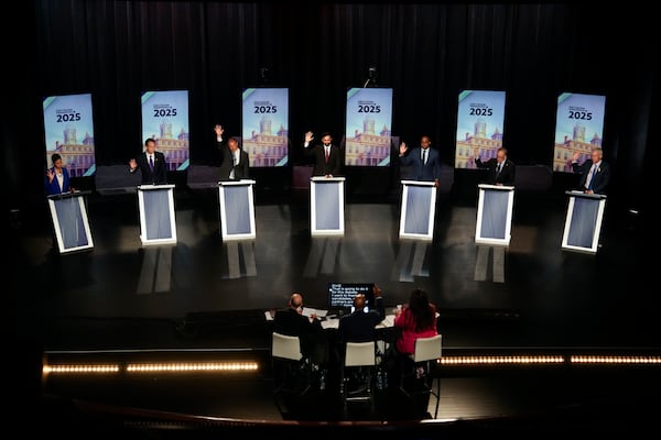 FILE - Candidates take part in the New York City Democratic Mayoral Primary Debate at the John Jay College of Criminal Justice in the Gerald W. Lynch Theater, in New York City, June 12, 2025. (Vincent Alban/The New York Times via AP File)