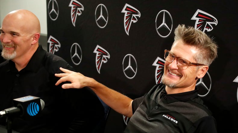 Atlanta Falcons general manager Thomas Dimitroff (right) and head football coach Dan Quinn have maintained constant communications ahead of the 2020 NFL Draft.