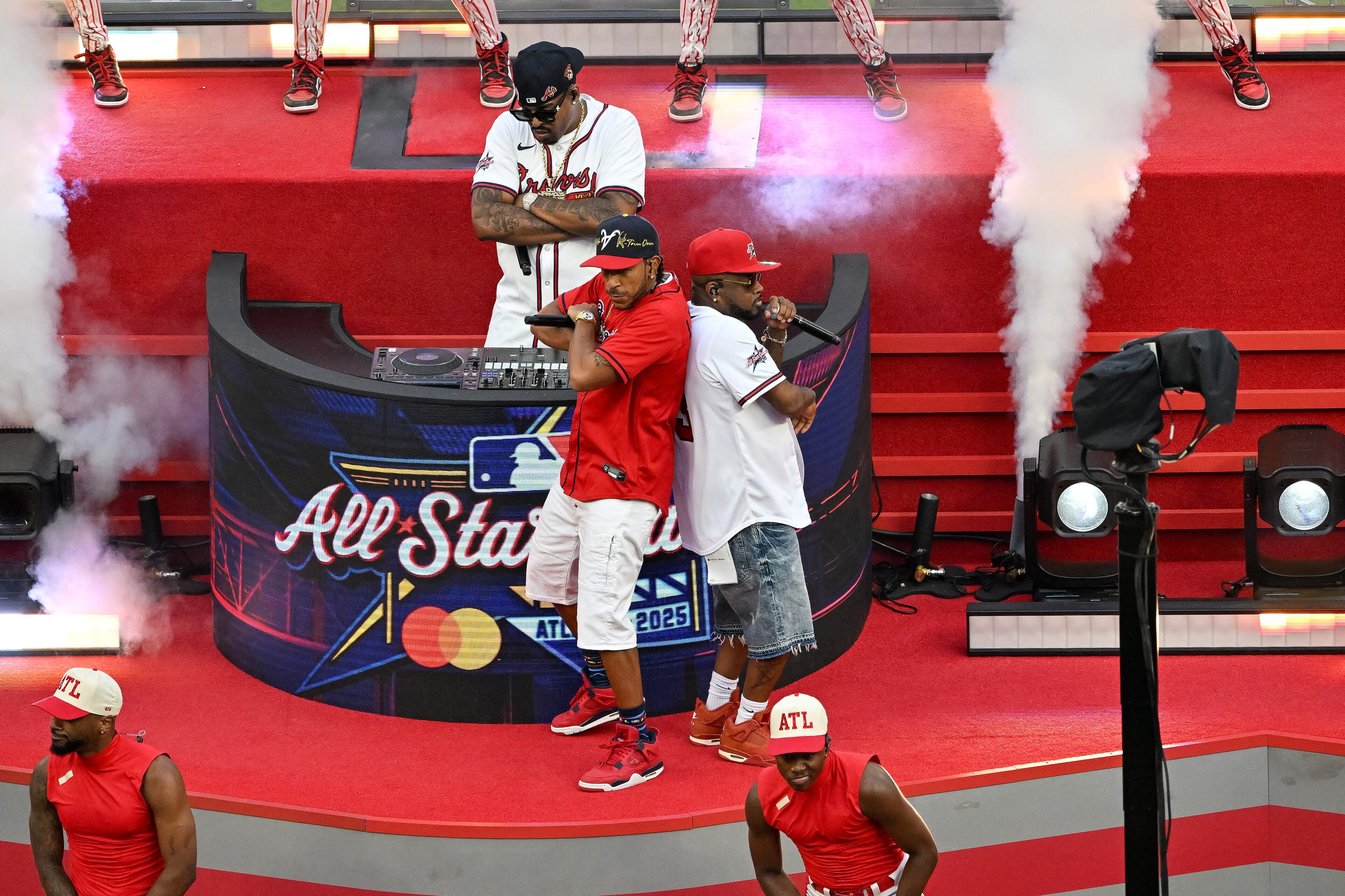 Jermaine Dupri and Ludacris help open the MLB All-Star Game at Truist Park in Atlanta on Tuesday, July 15, 2025. (Hyosub Shin/AJC)